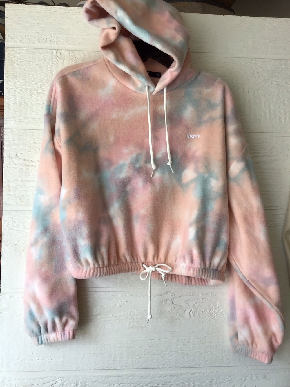 Obey Women's Pastel Pink & Light Blue Tie-Dye Cropped Hoodie